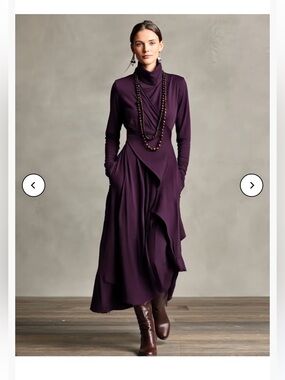 NWT Modesees Purple Bohemia Cotton Stretch Turtleneck Asymmetrical Draped Dress